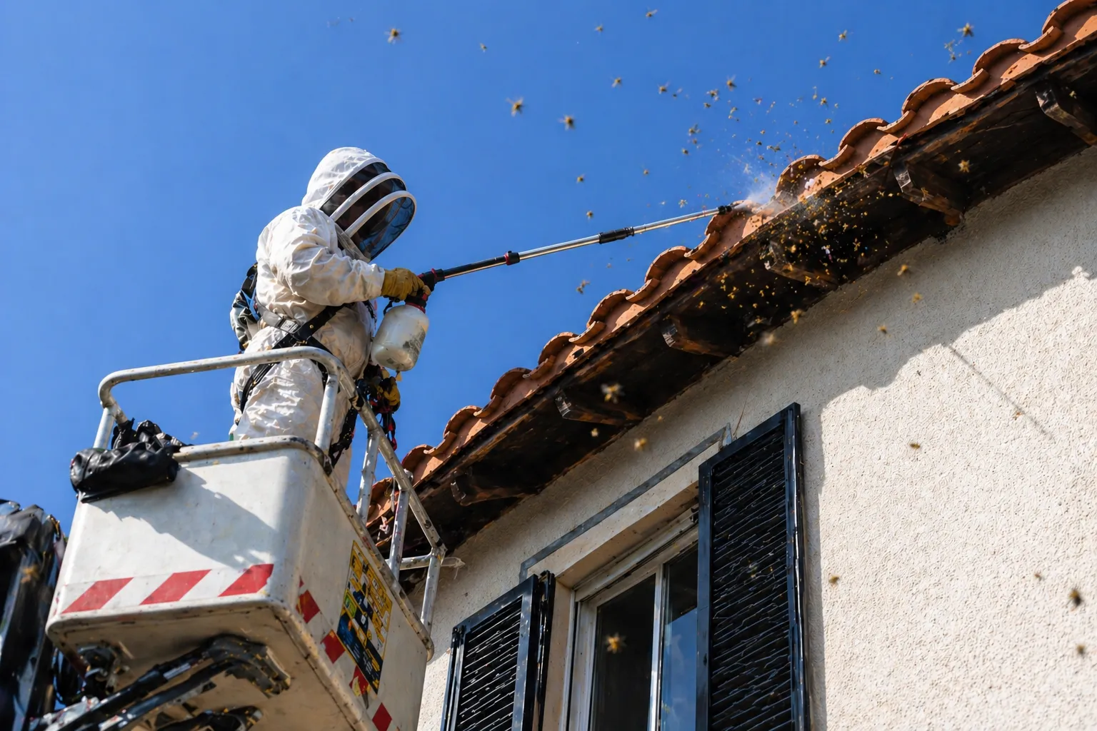 Destruction nid de guêpes toiture Meaux, intervention nacelle guêpes Reims, guêpes sous tuiles danger, désinsectisation hauteur 77, nid frelon cheminée, combinaison anti-guêpes professionnelle, technicien Home Nuisible 3D perche.