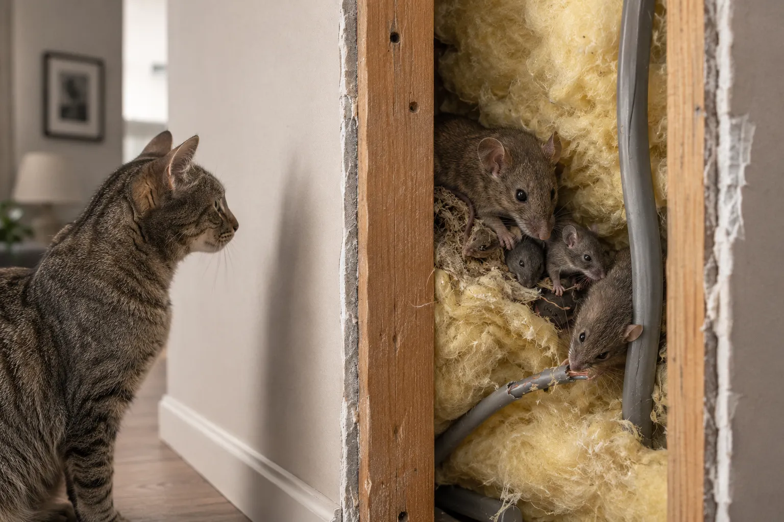 Isolation mur rongée par souris, détection rongeurs cloison placo, crottes de rats derrière meuble, câble électrique dénudé mur, trace gras passage rat, diagnostic nuisibles Chelles, technicien caméra thermique mur.